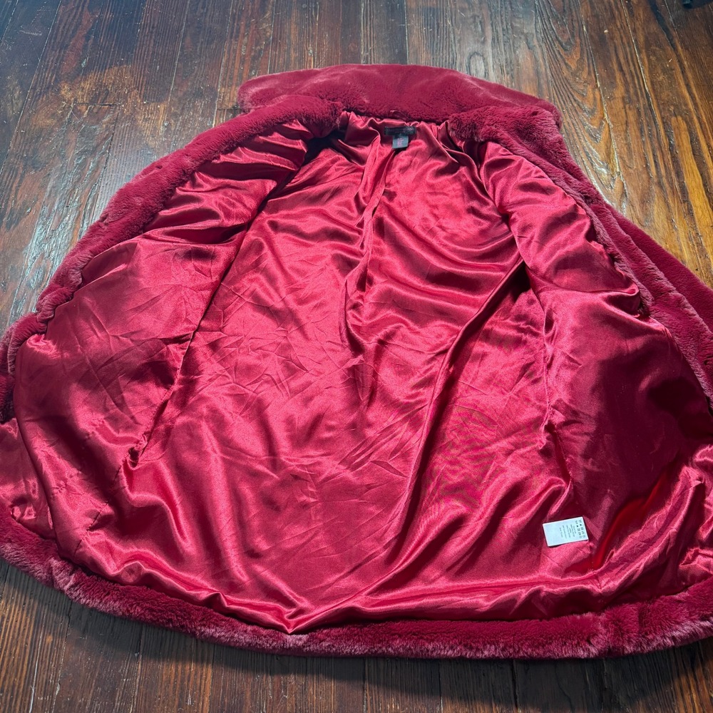 Christian Siriano Faux Fur Coat Women Medium Burgundy Red Plush Luxury Jacket - Picture 7 of 9